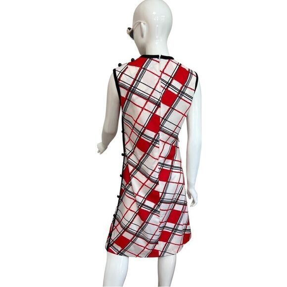 Vintage 1960s Mod Red Black Geometric Print Side Button Accent Shift Dress - Picture 4 of 15